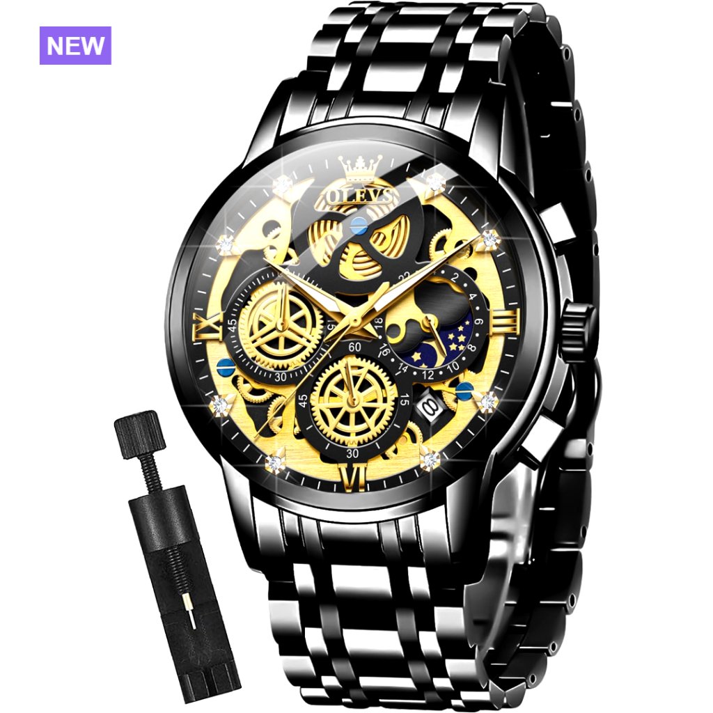 Stainless Steel Chronograph Watch With Diamond Dial Skeleton Face